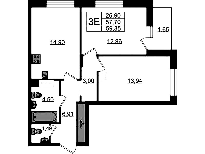 2-комнатная квартира 59.35 м², 9/11 эт., ЖК «VEREN NORT Сертолово»